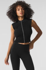 Denim Knit Sleeveless Full Zip Top – Black/Anthracite - Image 3