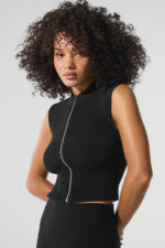 Denim Knit Sleeveless Full Zip Top – Black/Anthracite - Image 4