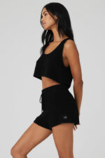 Cashmere Plush Waffle Cropped Tank – Black