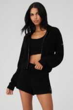 Cashmere Plush Waffle Full Zip Hoodie – Black - Image 3