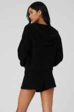 Cashmere Plush Waffle Full Zip Hoodie – Black - Image 4