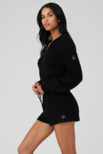 Cashmere Plush Waffle Full Zip Hoodie – Black - Image 5