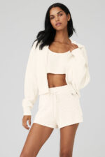 Cashmere Plush Waffle Full Zip Hoodie – Ivory - Image 5