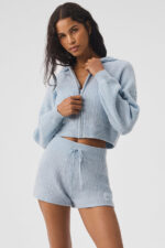 Cashmere Plush Waffle Full Zip Hoodie – Crystal Blue - Image 5