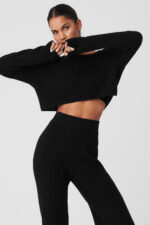 Cashmere Plush Waffle Cropped Long Sleeve – Black - Image 2