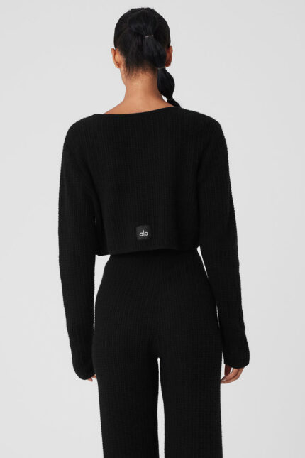 Cashmere Plush Waffle Cropped Long Sleeve – Black