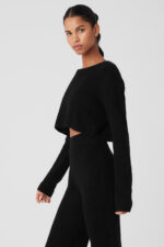 Cashmere Plush Waffle Cropped Long Sleeve – Black - Image 5