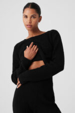 Cashmere Plush Waffle Cropped Long Sleeve – Black - Image 4