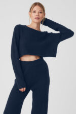 Cashmere Plush Waffle Cropped Long Sleeve – Navy