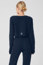Cashmere Plush Waffle Cropped Long Sleeve – Navy - Image 2