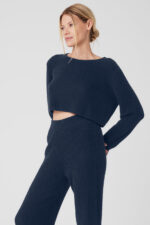 Cashmere Plush Waffle Cropped Long Sleeve – Navy - Image 5