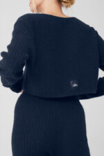 Cashmere Plush Waffle Cropped Long Sleeve – Navy - Image 3