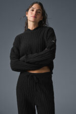 Cable Knit Winter Bliss Hoodie – Black - Image 2