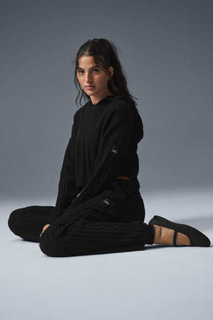 Cable Knit Winter Bliss Hoodie – Black
