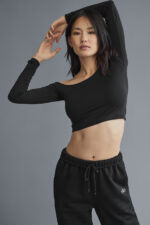 Asymmetric Sheer Glow Long Sleeve – Black - Image 2
