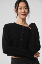 Cashmere Plush Waffle Cardigan – Black - Image 4