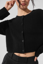 Cashmere Plush Waffle Cardigan – Black - Image 2