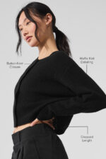 Cashmere Plush Waffle Cardigan – Black - Image 3