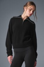 Cashmere Plush Waffle 1/4 Zip Pullover – Black - Image 4