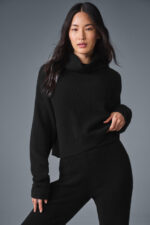 Cashmere Plush Waffle Turtleneck Pullover – Black - Image 3