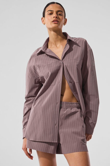 Pinstripe Daylight Button Down Long Sleeve – Mushroom/Ivory