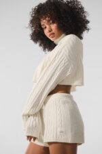 Cable Knit Cropped Winter Bliss Turtleneck Long Sleeve – Ivory - Image 3