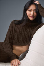 Cable Knit Cropped Winter Bliss Turtleneck Long Sleeve – Espresso - Image 2