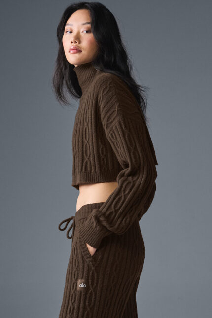 Cable Knit Cropped Winter Bliss Turtleneck Long Sleeve – Espresso
