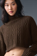 Cable Knit Cropped Winter Bliss Turtleneck Long Sleeve – Espresso - Image 5