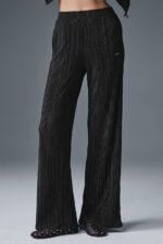 High-Waist Micro Plisse Straight Leg Pant – Black - Image 4