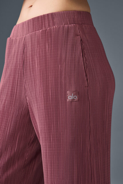 High-Waist Micro Plisse Straight Leg Pant – Burgundy Truffle