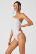Alosoft Ribbed Shimmer Plie Bodysuit – Light Grey Iridescent - Image 2