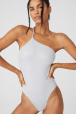 Alosoft Ribbed Shimmer Plie Bodysuit – Light Grey Iridescent - Image 3