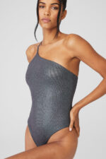 Alosoft Ribbed Shimmer Plie Bodysuit – Dark Grey Iridescent - Image 4
