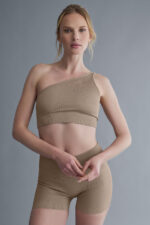 Seamless Ribbed Asymmetric Shimmer Bra Tank – Gravel - Image 2